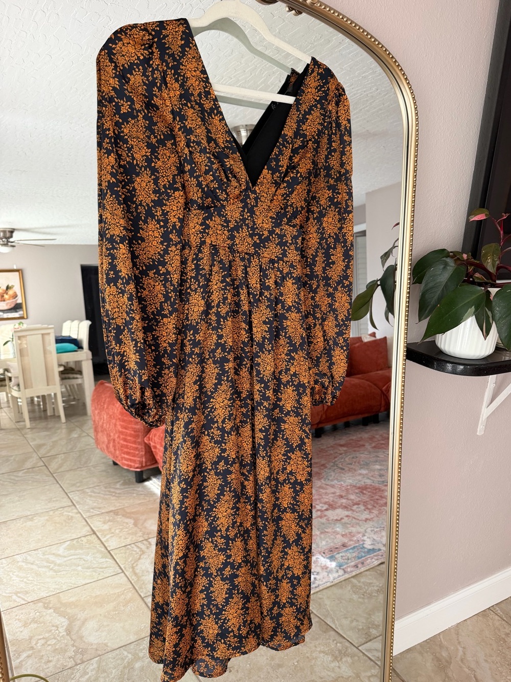 Lulu's Navy Midi Dress with Burnt Orange Floral Print
